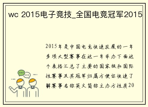 wc 2015电子竞技_全国电竞冠军2015