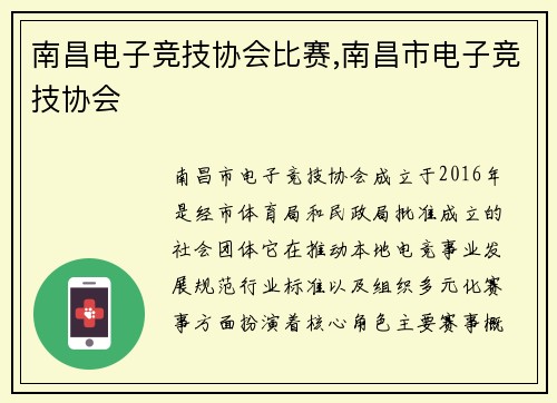 南昌电子竞技协会比赛,南昌市电子竞技协会